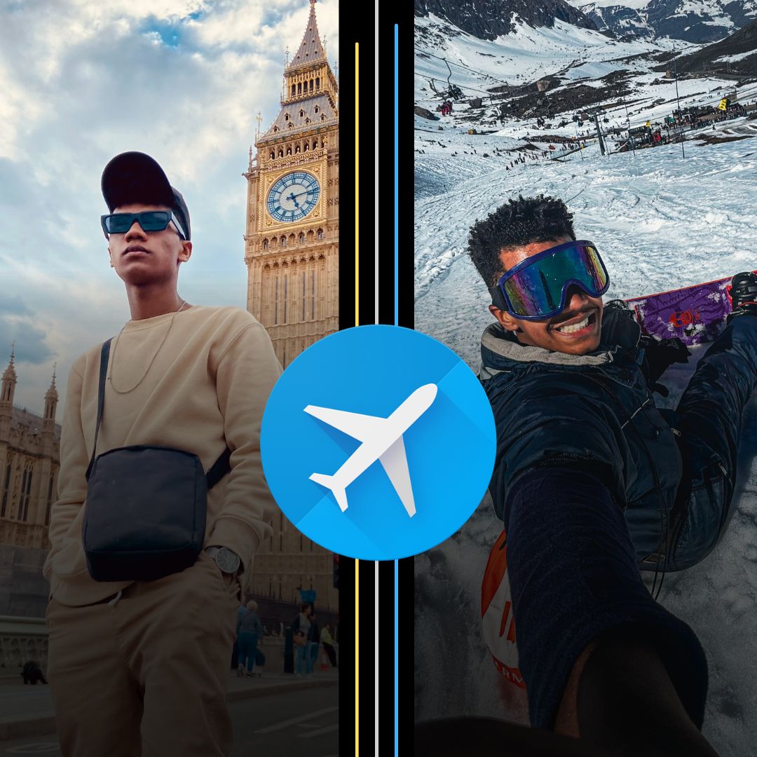 Montagem de fotos com um homem em Londres, o logo do Google Flights, e um homem esquiando na neve.